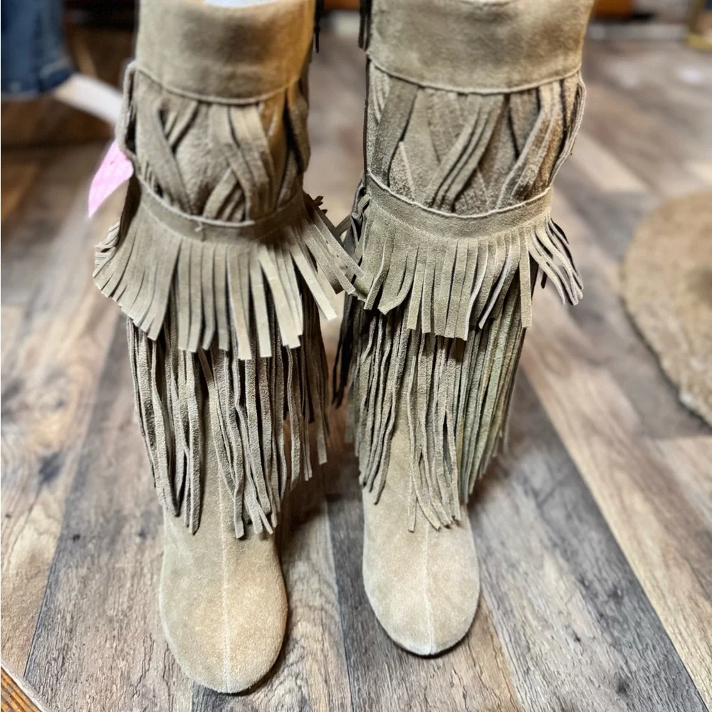 Encore Genuine Suede Fringe‎ Wedge Boots | Statement Boho Western | NWOB | 7